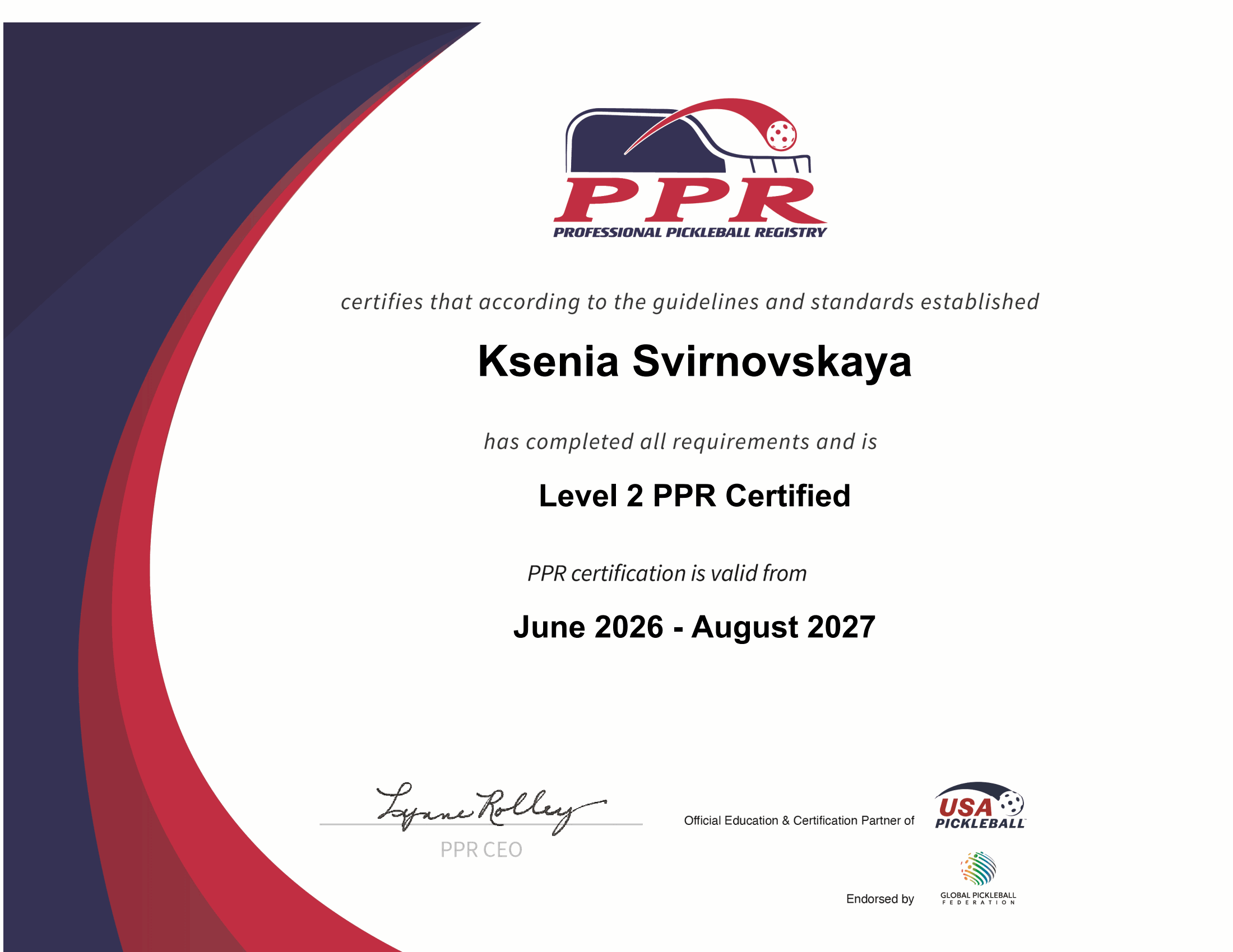 PPR Level 2 certificate for Ksenia Svirnovskaya