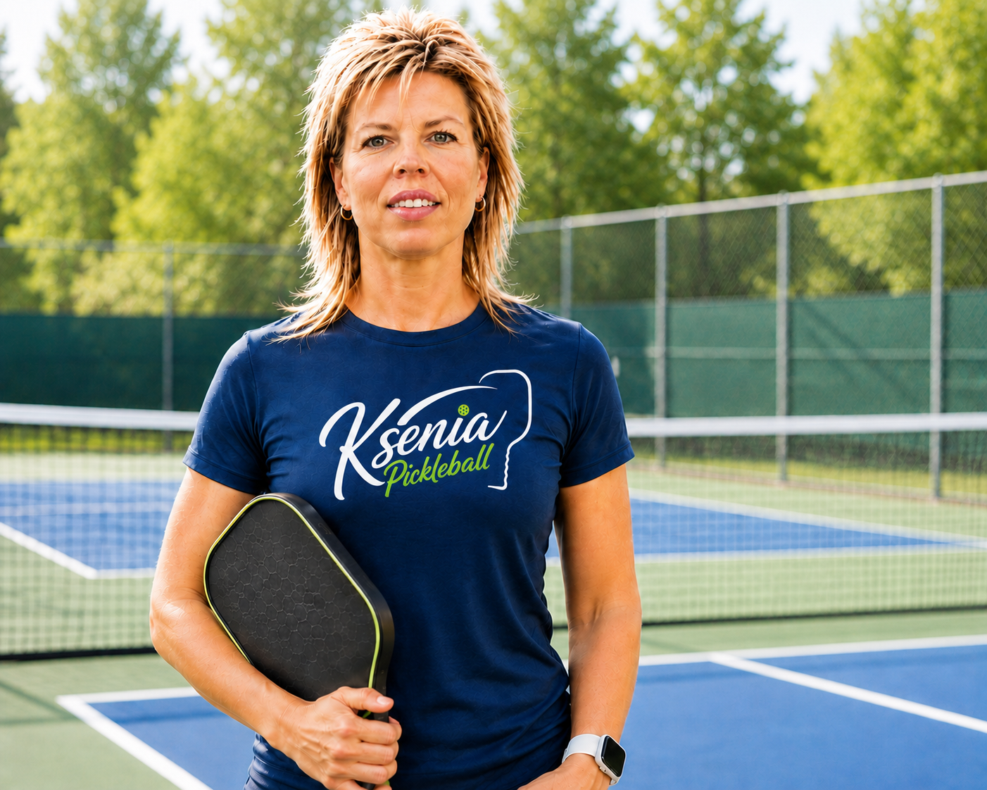 Ksenia, professional pickleball coach, holding a paddle on the court